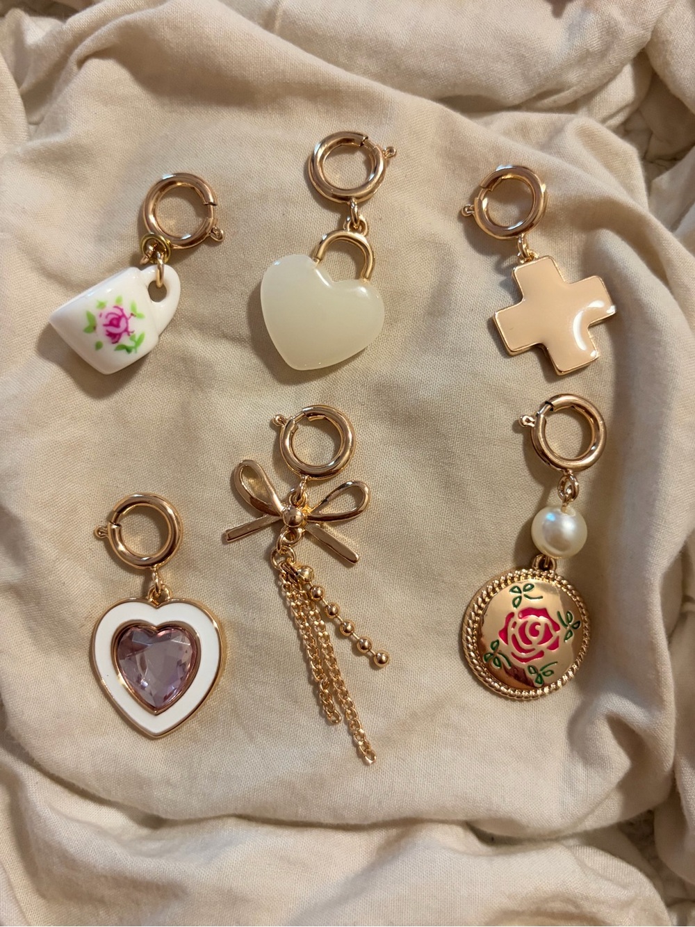 Free People Vintage Charm and Rose Pendant Bag Charm Clip Set